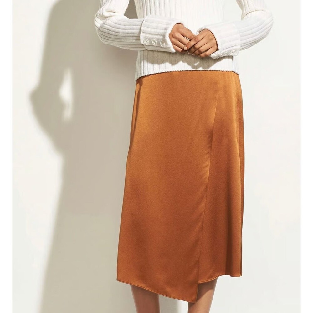 Vince Silk Skirt drape panel midi womens Brown medium minimalist contemporary